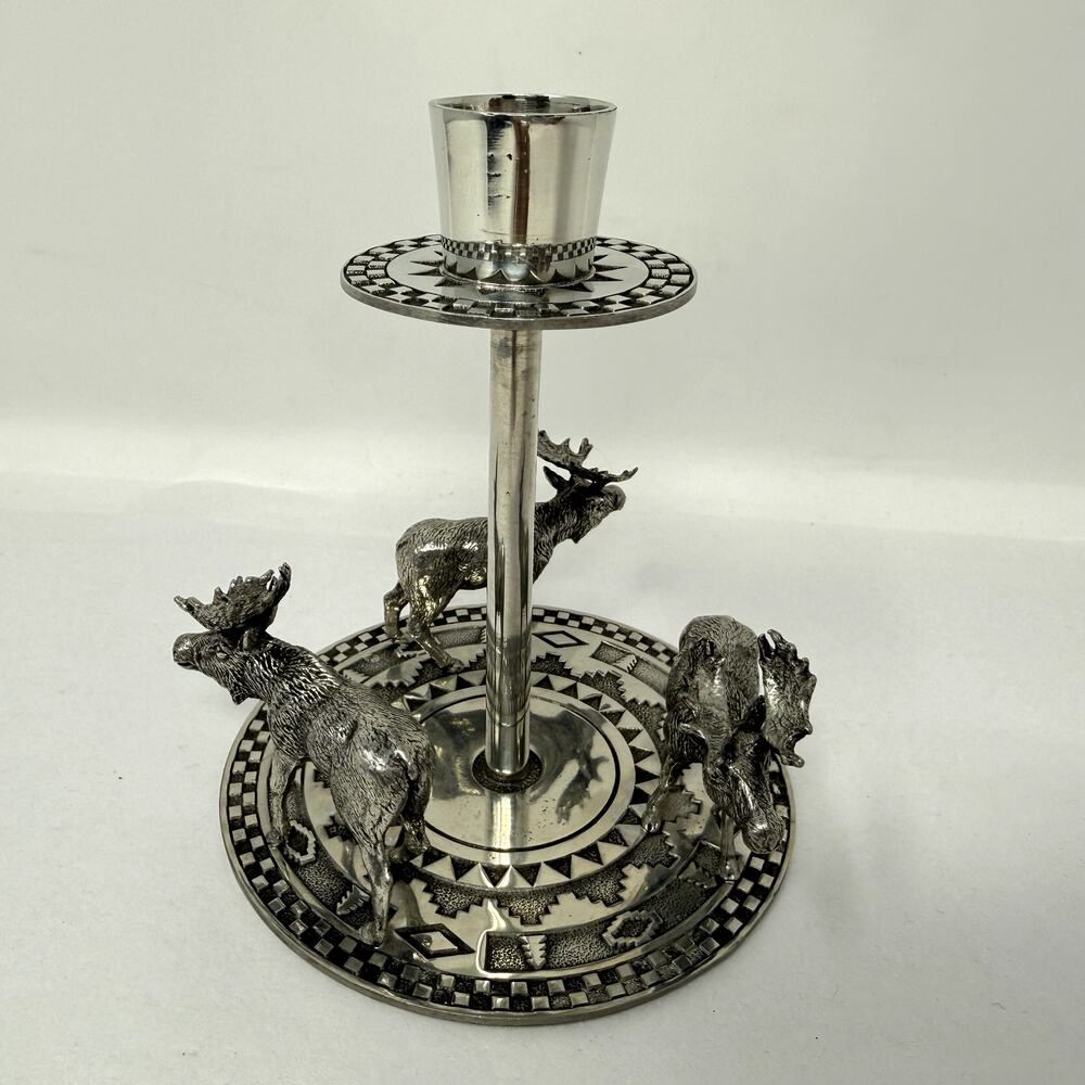 Vintage Thai Pewter Moose Elk Taper Candle Holder Wildlife Lodge Decor